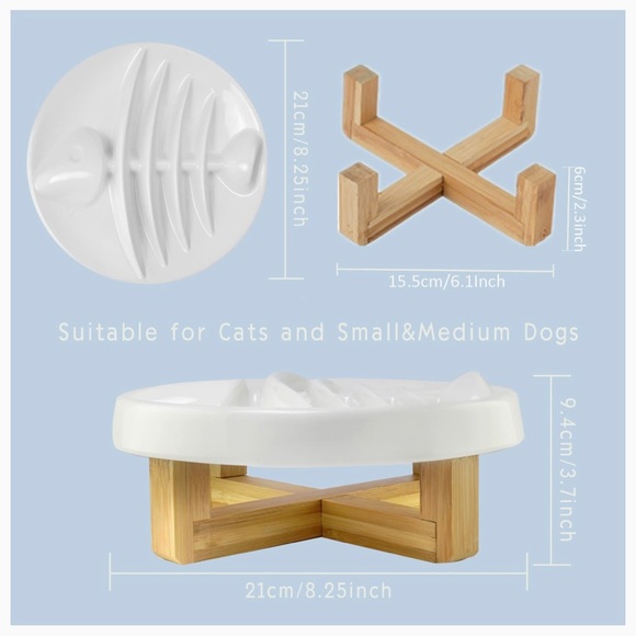 White Ceramic Fishbone Raised Slow Feeder Cat Bowl - Picture 5 of 9